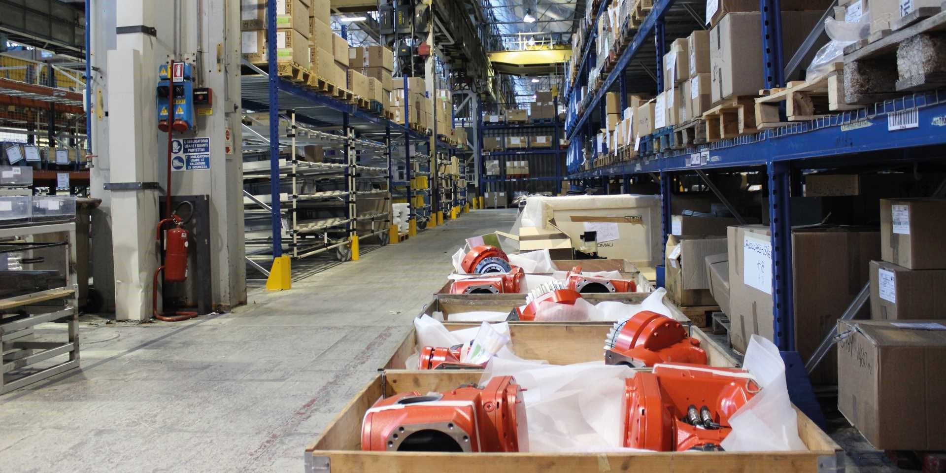 box with robot parts in a logistics center